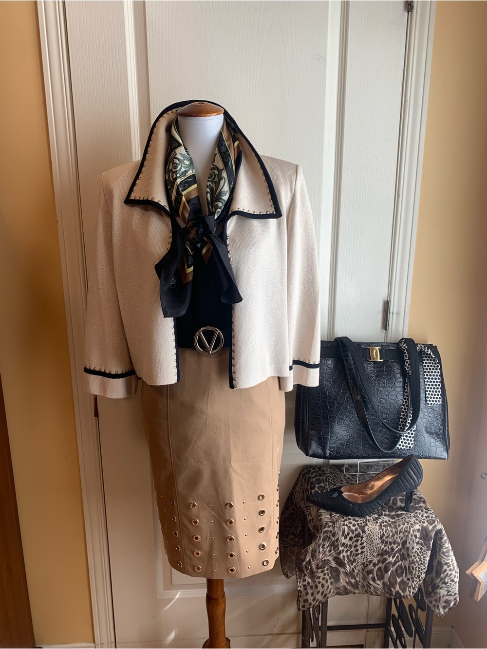 St. John Cream knit cardigan Blazer Black Trim studs